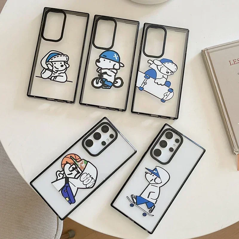 Skateboard Dog Acrylic Black Border Protective Case for Samsung Galaxy S 22 S23 S24 Ultra S22+ S23+ S24 Plus Shell
