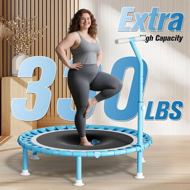 40" Mini Trampoline with Adjustable Handle Bar, 330lbs Foldable Bungee Rebounder for Adults & Kids, Quiet Indoor Exercise
