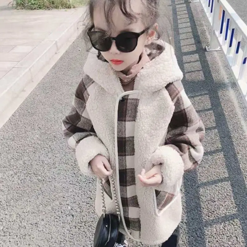

Girls Coat Jacket Cotton Outwear Overcoat 2022 Plaid Warm Thicken Plus Velvet Winter Autumn Teenager Children's Clothing