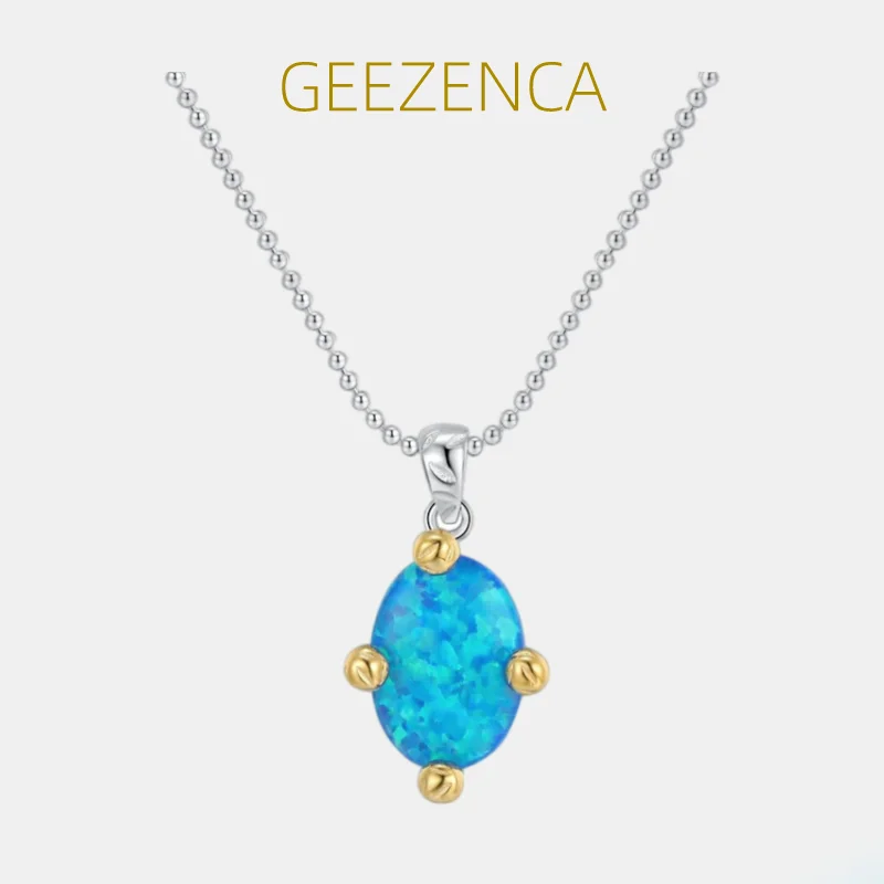 

GEEZENCA 925 Sterling Silver Blue Opal Stone Oval Pendant Necklace For Women Simple Geometric Chic Chokers Necklaces 2023 New