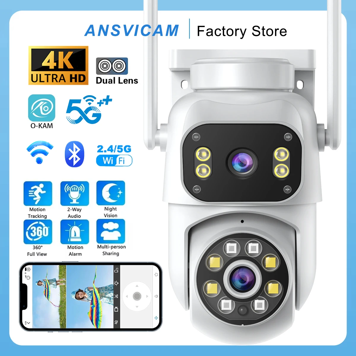 ANSVICAM 4K Ultra HD PTZ Security Camera Outdoor 5G Wifi Dual Lens Dual Screen Cameras AI Human Tracking Two-Way Audio O-Kam Pro 1