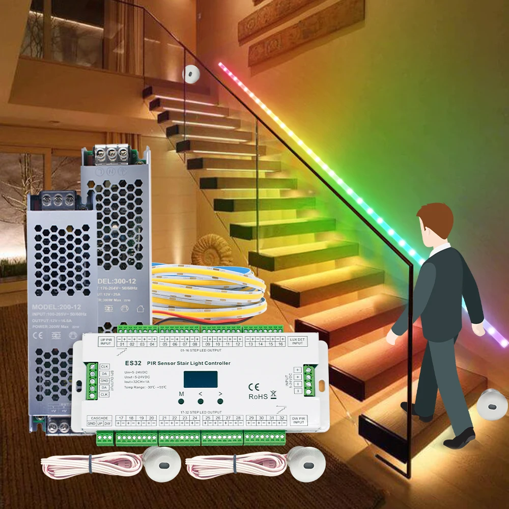 PIR Motion Sensor Light Controller ES32 12V 24V Single Color RGB Pixel Flex 5M LED Strip Infrared Step Lamp Controler for Stairs tc55 panel programmable text step servo motor lcd controller cm35 single axis