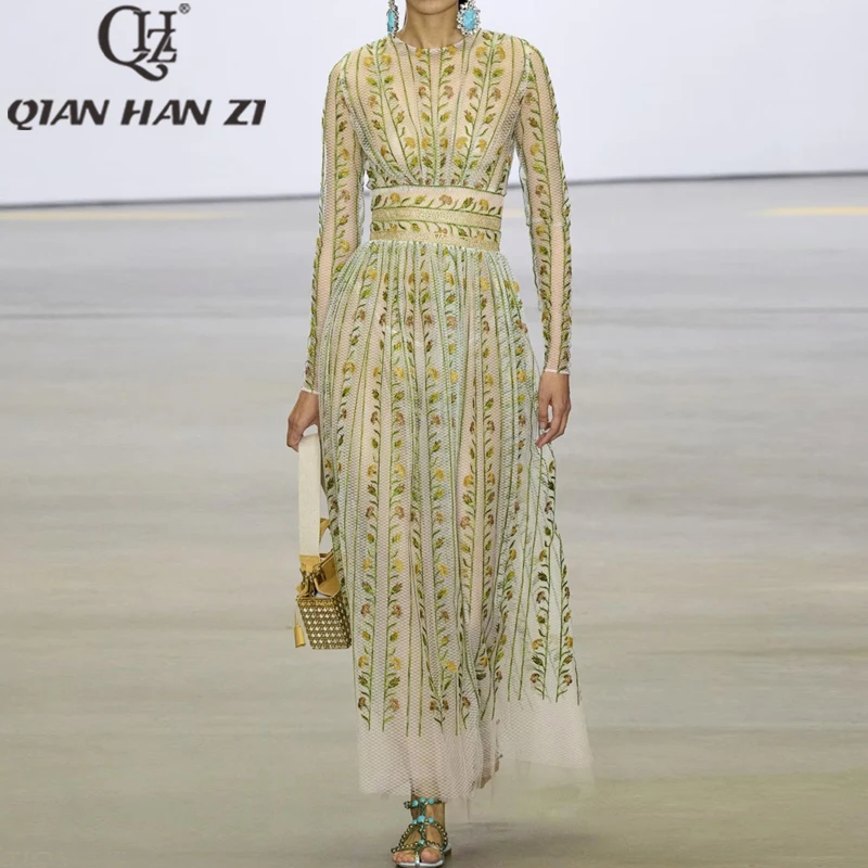 

Qian Han Zi designer runway maxi dress 2023 New women Long sleeve Vintage Mesh Flower embroidery Long dress