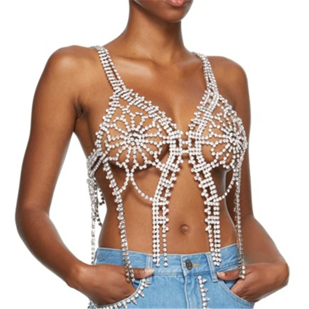 

Women's Flower Rhinestone Sexy Body Chain Top Lingerie Crystal Chest Bra Bikini See-through Blouse Vest Hollowed Out Party Dress