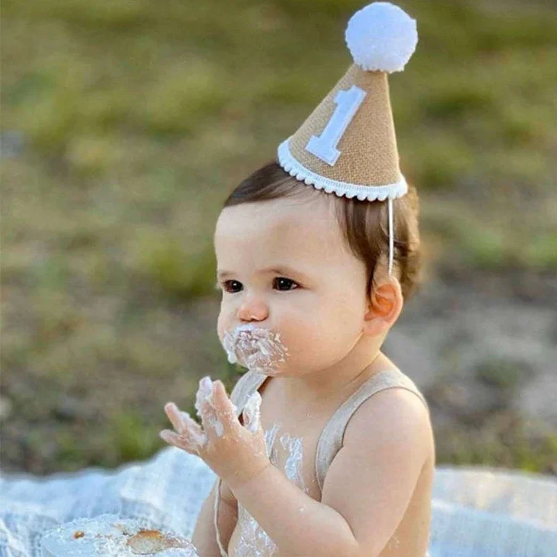 1 2 3 100 Birthday Hat Baby Boy Girl Linen Headband Birthday Baby Shower Party Decoration Caps Adult Anniversary Hats Photo Prop party hat birthday crown