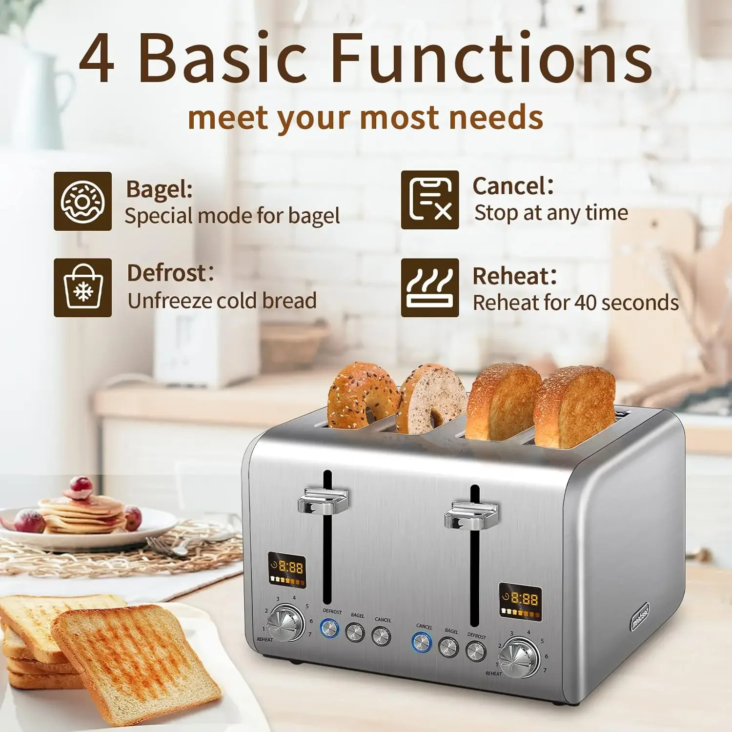 4 Slice Toaster Stainless Bread Toaster Color LCD Display 7 Bread Shade Settings 1.5'' Wide Slots Toaster with Bagel/Defrost 4