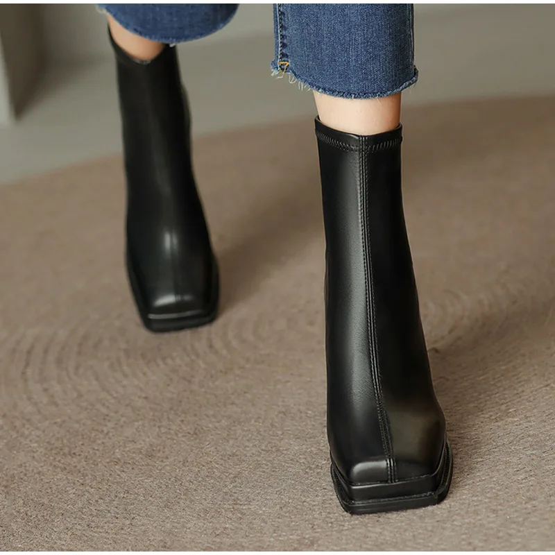 

New Autumn Women Ankle Boots Female Pu Square Toe Block Heels Short Boot Ladies Zipper Fashion Platform Modern Booties Lady 2023