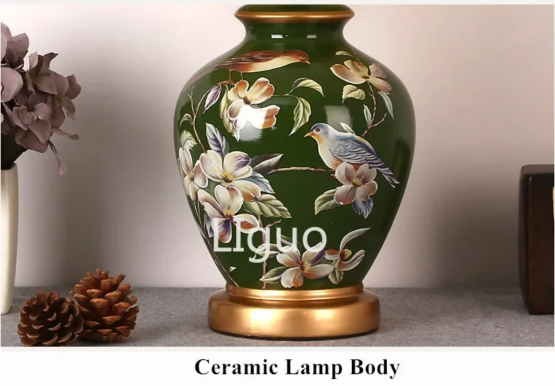 Description Picture 6 of itemChinese rural green flower&bird ceramic Table Lamps traditional Dimmer/Touch switch fabric E27 LED lamp for bedside&foyer MF046