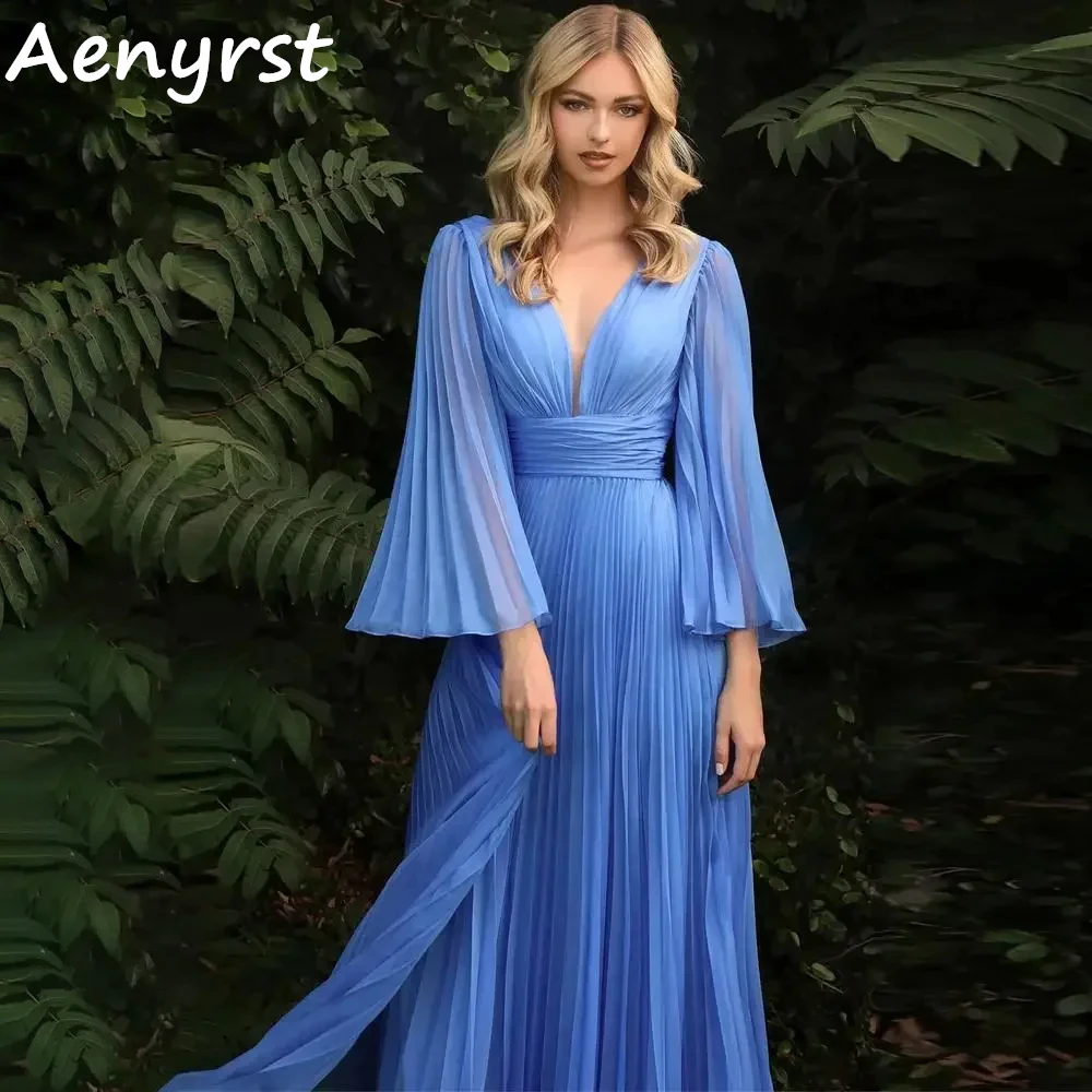 

Aenyrst Deep V Neck Long Flared Sleeves Prom Dresses Chiffon Draped A Line Evening Gown Floor Length Holiday Dress فساتين السهرة