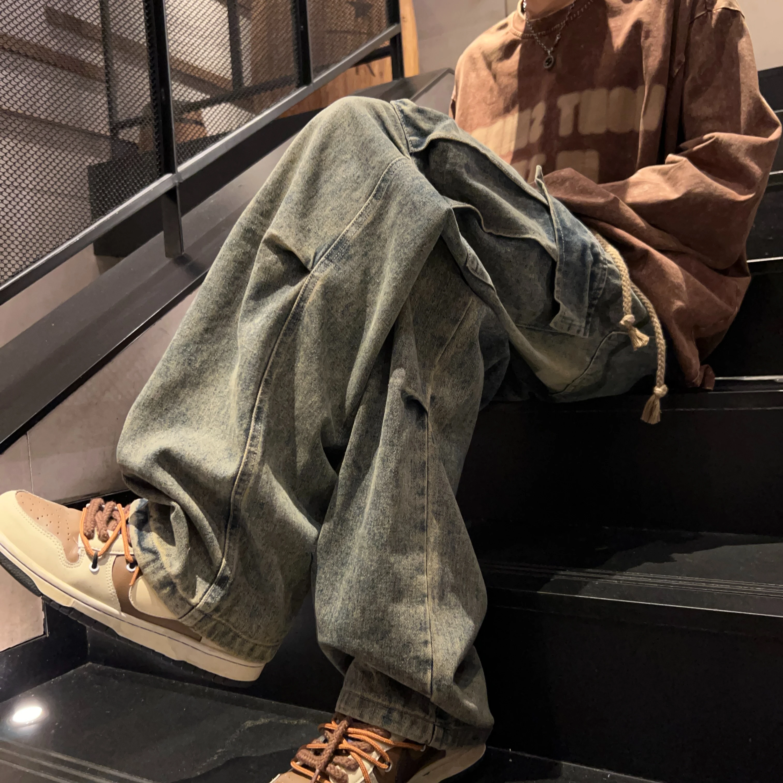 Washed Distressed Cargo Pants High Street Style Men's Jeans Side Pockets Denim Wide-leg Trousers Casual Loose Trousers