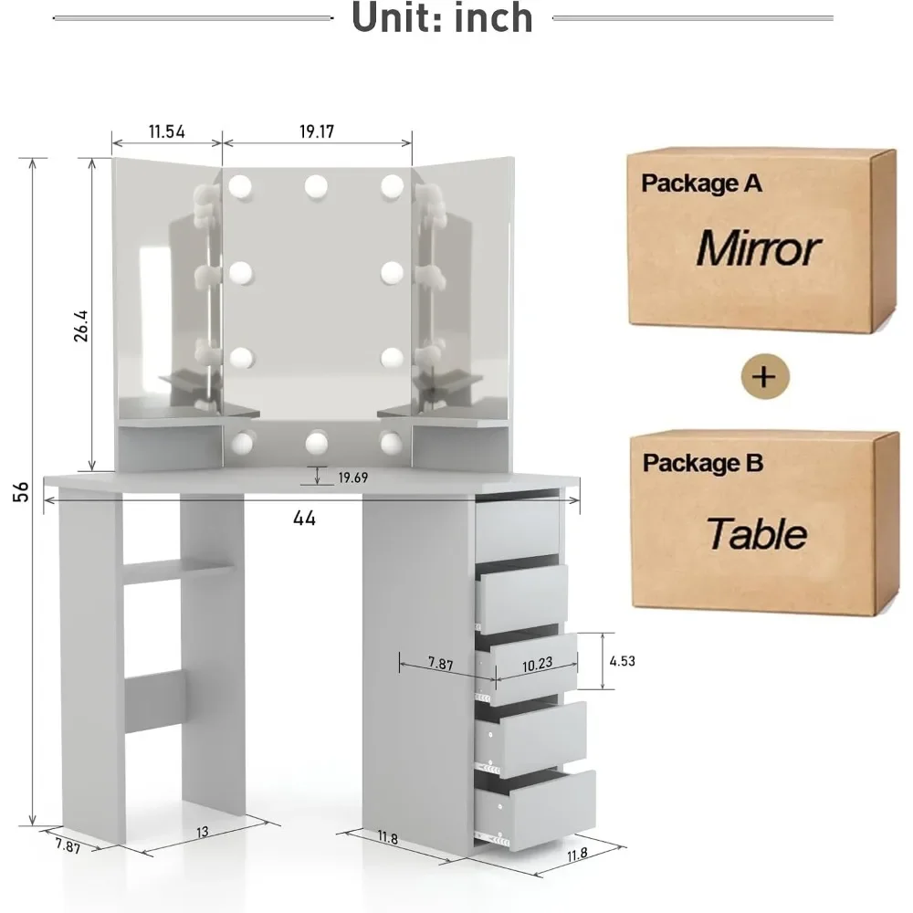 Corner Vanity Desk, Modern Vanity Desk with Drawers and Mirror, Grey Makeup Vanity with Lights, Small Table Makeup Desk 6