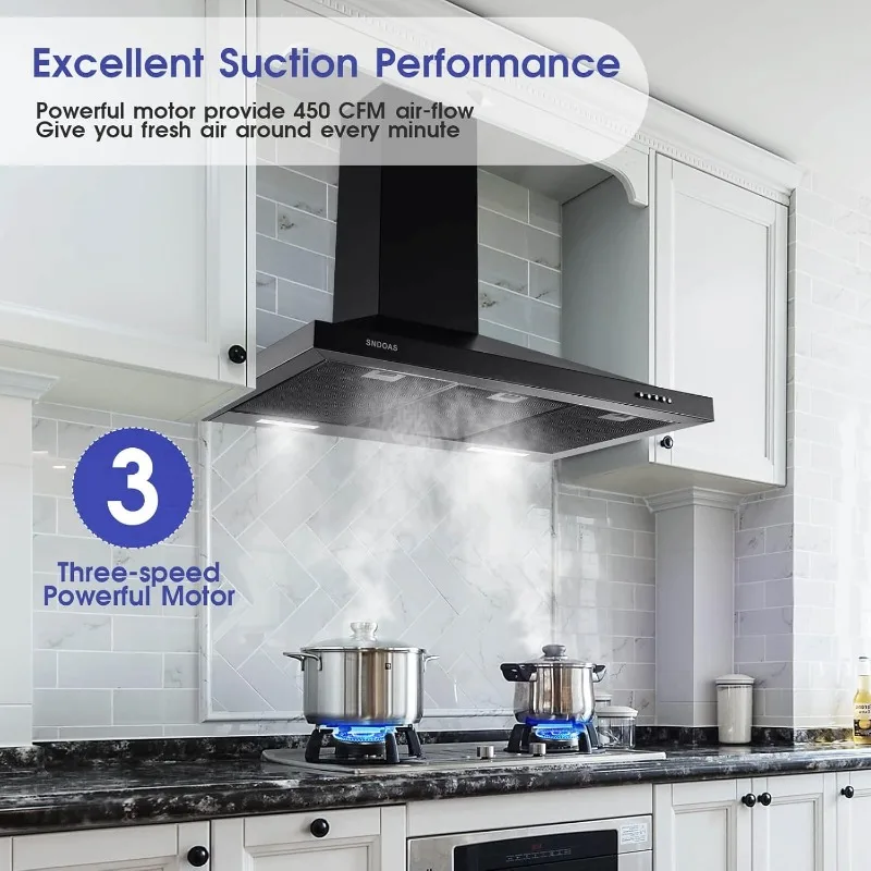 SNDOAS Black Range Hood 36 inches,Stainless Steel Wall Mount Range Hood Black,Kitchen Hood Vent with Ducted/Ductless Convertible 4
