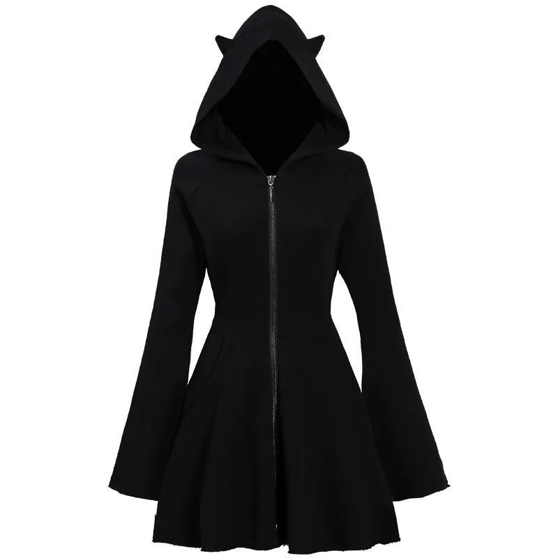 Black Dresses Women Hooded Loose M-4XL Zipper A-line Cat-ear
