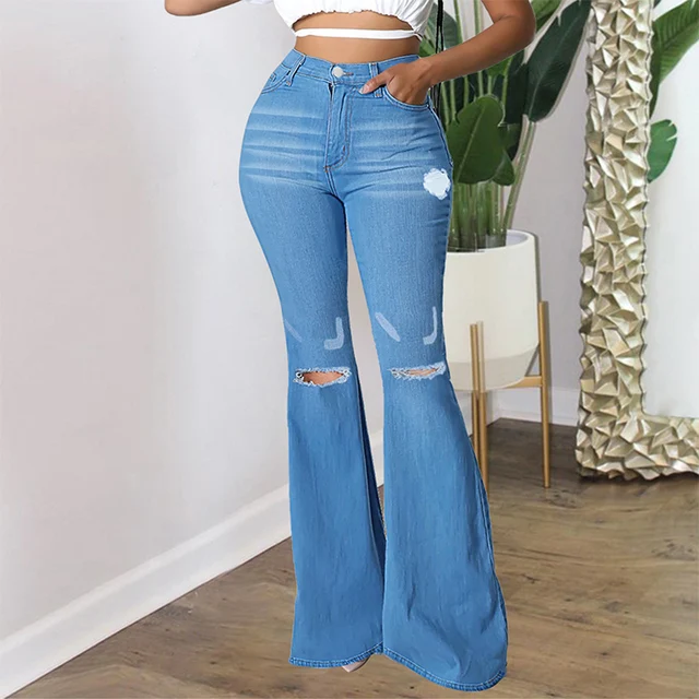 Flare Jeans Pants Women's Ripped Denim 