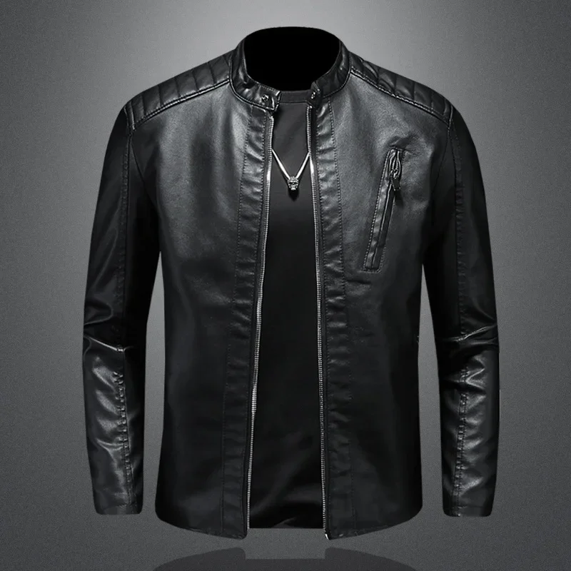 

2023 Men Leather Jacket Stand Collar Slim Pu Leather Jacket Autumn Fashion Men Motorcycle Causal Coat Male Moto Biker Coat