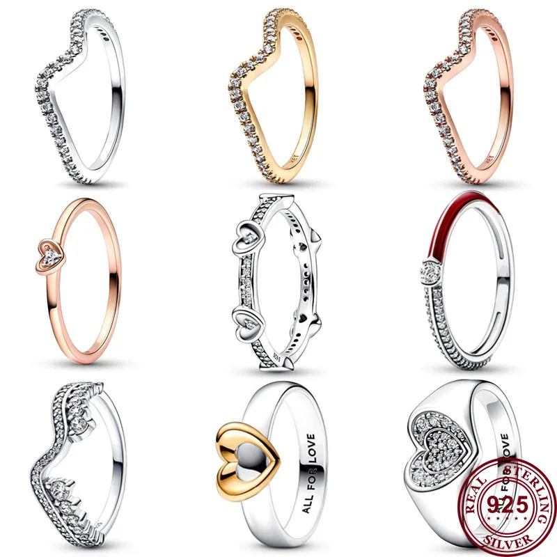 2023 New 925 Sterling Silver Eternal Heart Sliding Shining Asymmetric Wave Ring Women's Original Fashion DIY Charm Jewelry