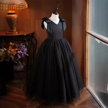 Baby Girl Princess Long Tutu Dress Bow Shoulder Sleeveless Toddler Teen Child Vestido Party Birthday Wedding Baby Clothes 2-16Y 1