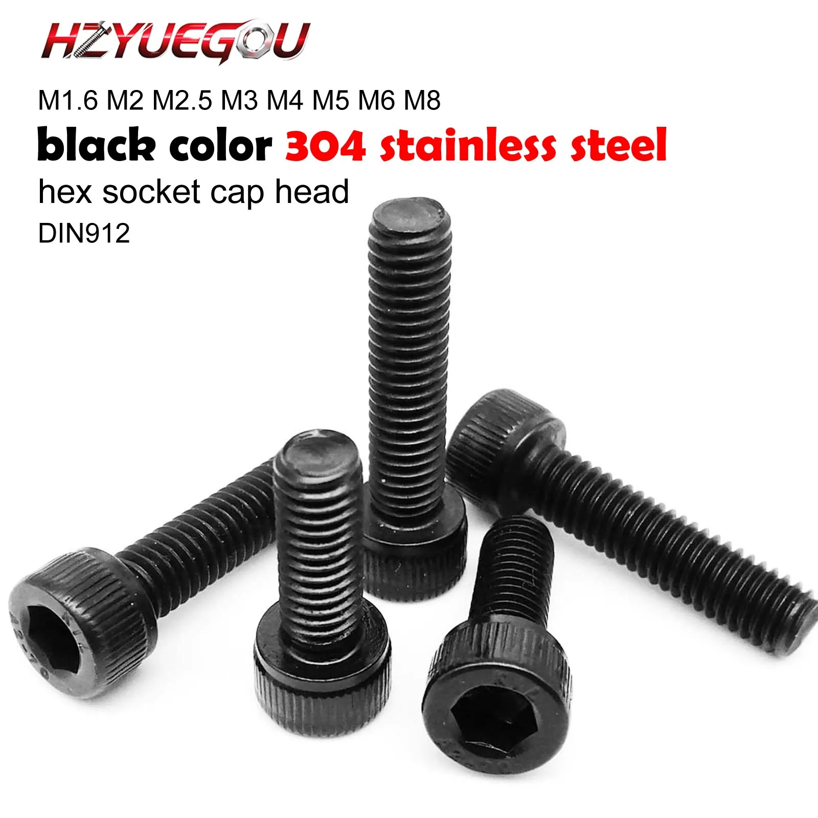 HZYUEGOU M1.6 M2 M2.5 M3 M4 M5 M6 M8 Hochwertige Schwarze 304 Edelstahl DIN912 Innensechskantschrauben