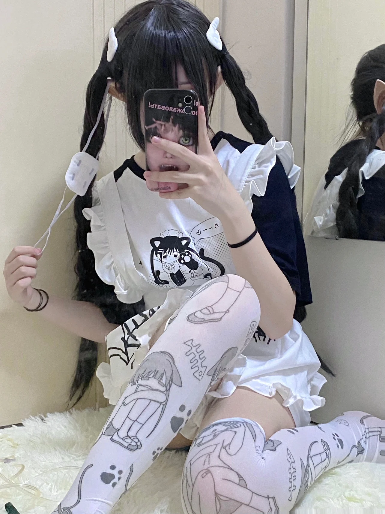 Y2K Cute Cat Printing Socks Black and White All-Matching Sweet Velvet Above Knee Socks Student Girls Stockings