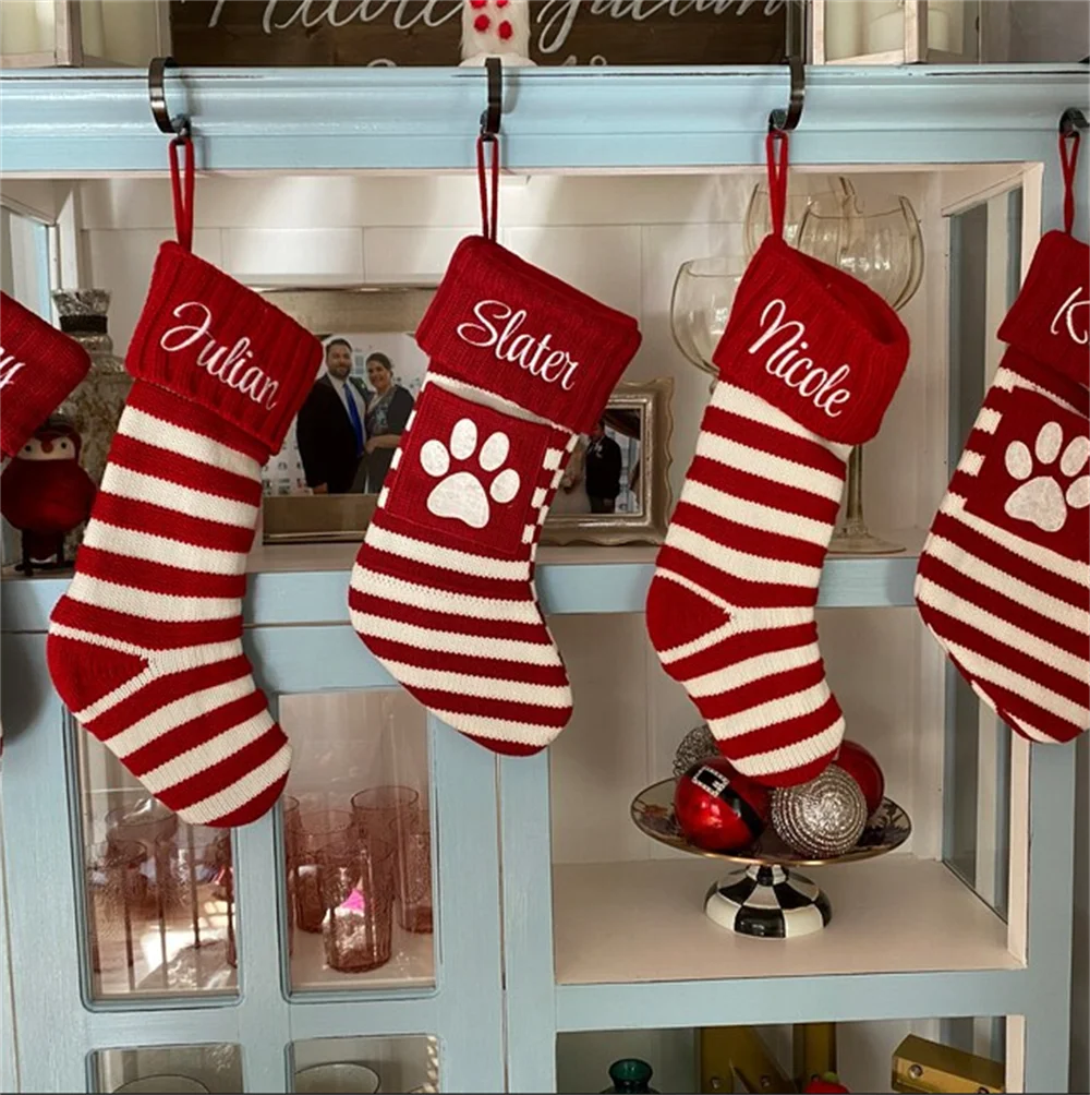 

Knitted Christmas Stocking with Embroidered Name Merry Christmas Family Decoration Socks Custom Kids New Year Gift Candy Bag