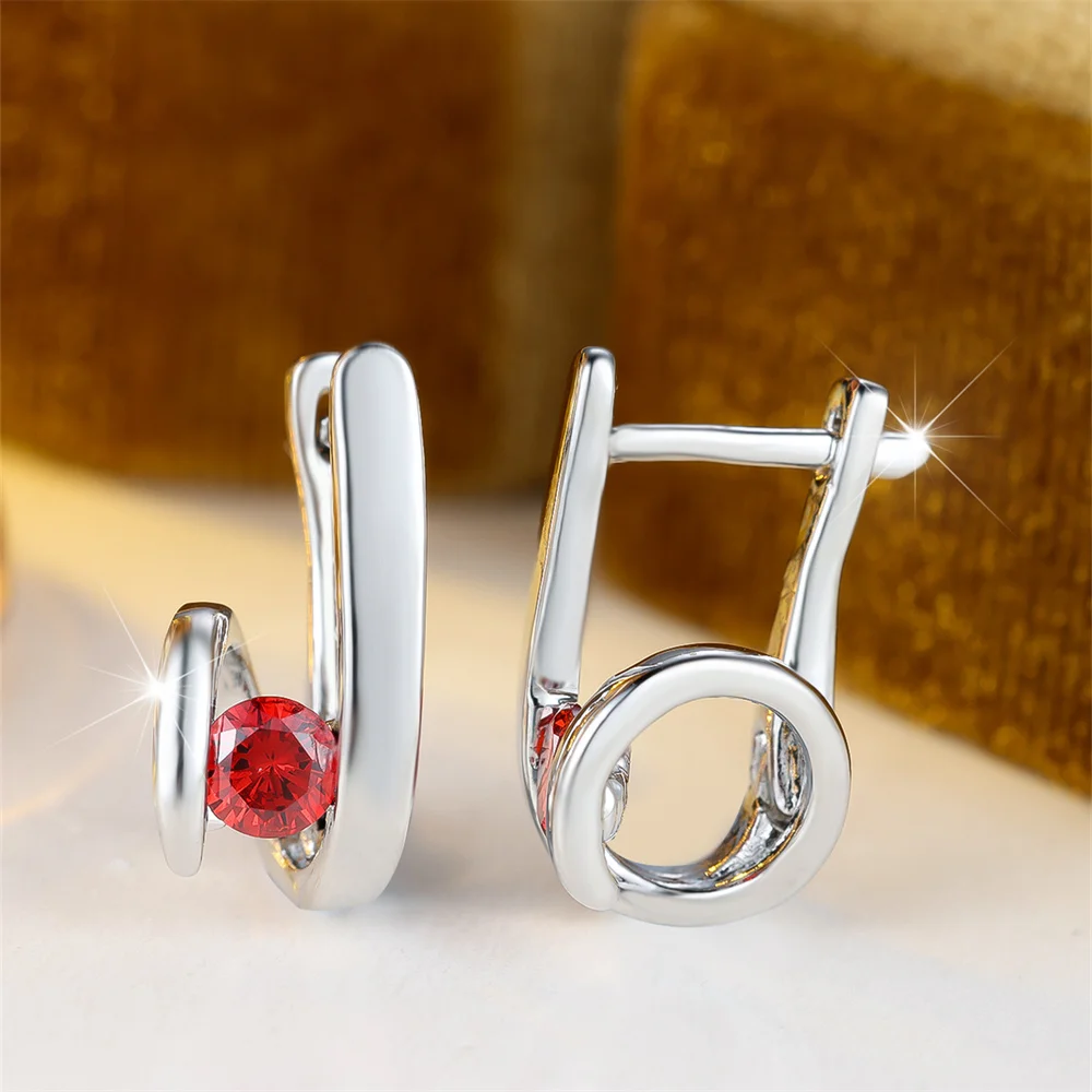 Red Crystal Zircon Round Stone Geometric Hoop Earrings For Women Vintage Silver Color Ear Buckle Wedding Jewelry Engagement Gift