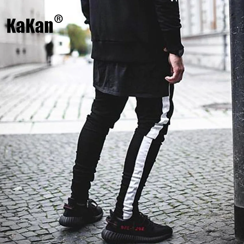Kakan - Europe and America's New Torn Cut Striped Zippered Jeans for Men, Slim Fitting Men's Small Leg Long Jeans K49-2205