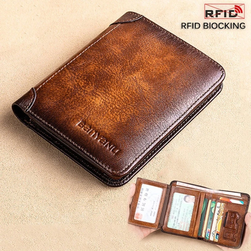 

Мужской кожаный кошелек с Rfid-блокировкой, тройной складной бумажник для мужчин, винтажный тонкий короткий многофункциональный мужской кошелек с идентификатором кожи, бумажник для денег