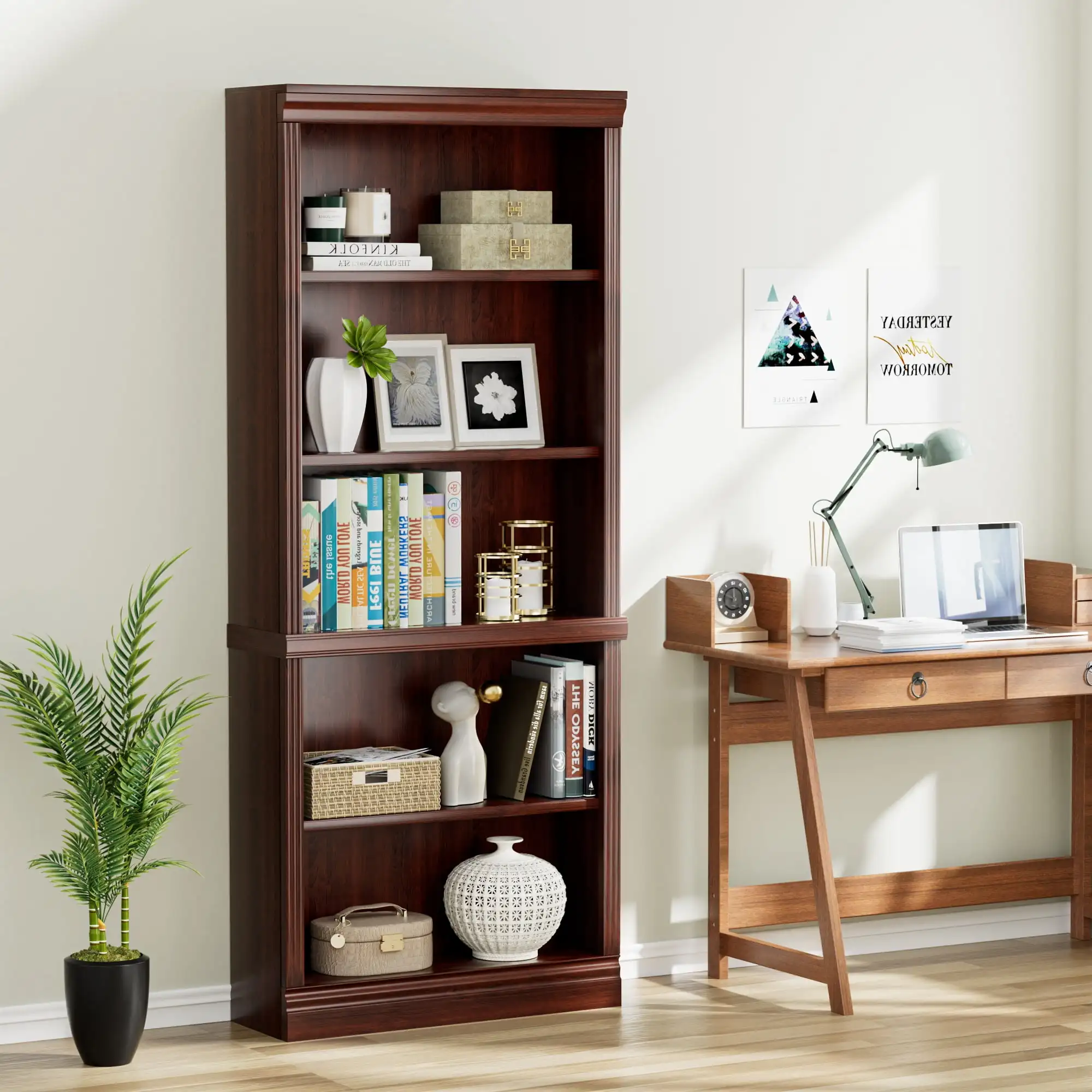 

Vineego Wood Bookcase Tall Book Shelves 5 Display storage Organization Furniture for Living Room Cherry Red