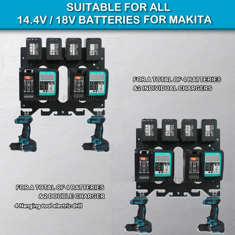 마키타 배터리 홀더 및 DC18RC DC18RD 충전기용 금속 충전기 거치대, 안정적인 벽걸이형 충전기, 1-4 슬롯 배터리 보관 랙