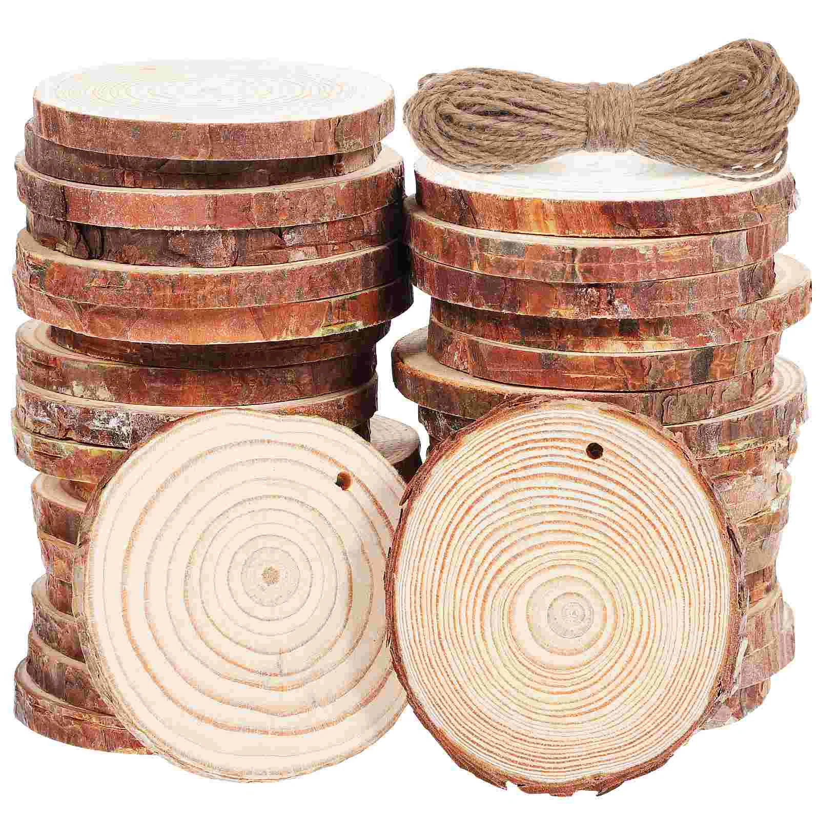 

50 шт. деревянные ломтики, ремесленные деревья, предварительно просверленные деревянные круглые диски «сделай сам» с веревкой для свадебных украшений