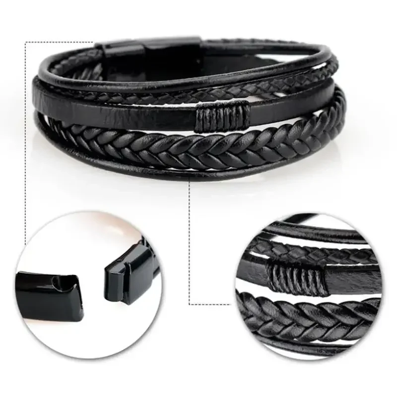 Leather Bracelet Leather Bangle Classic Hand Woven Multilayer Leather Bracelet Men's Cuff Bracelet