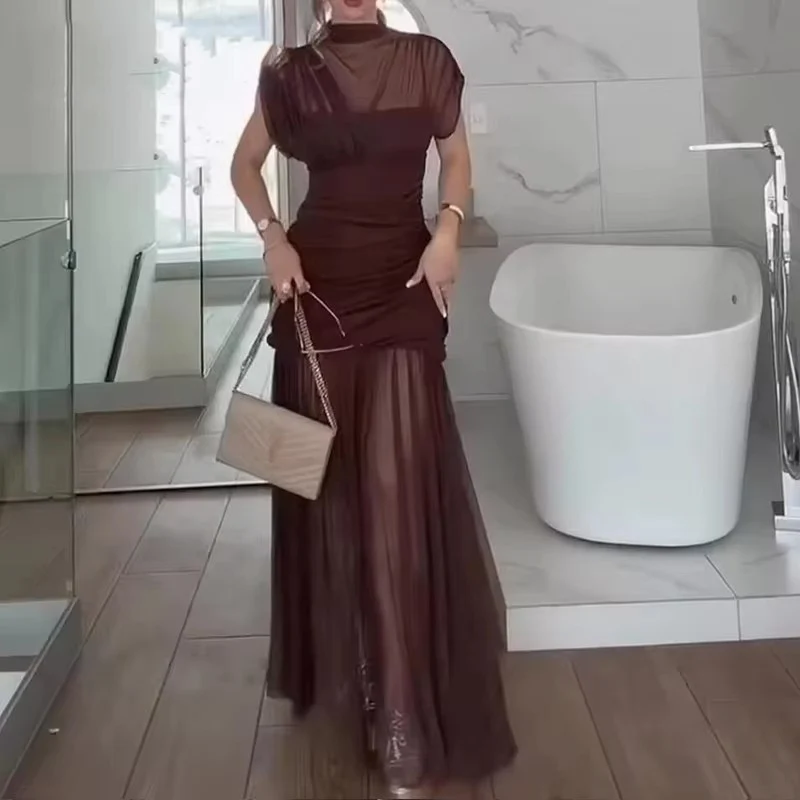 Gauze Wrinkle Splicing Long Dresses for Women Summer Backless Sexy Dress 2025 New Fashion Female Elegant Party Dresses