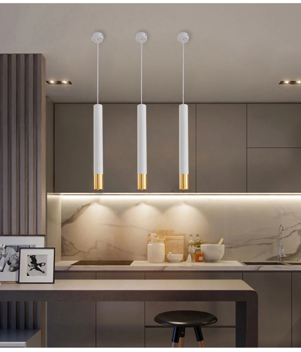 GU10 LED Pendant Lamp Long Tube Brushed Finish with Round Chassis Indoor Kitchen Island Bar Black White Gold Hanging Light