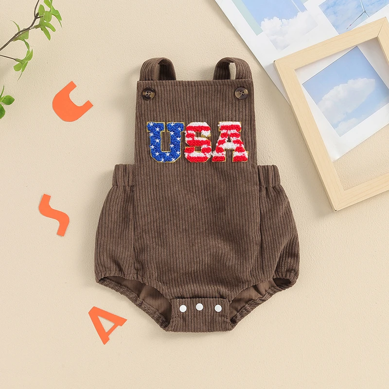 

Newborn Baby Boys 4th of July Jumpsuit Letter Embroidery Square Neck Sleeveless Romper Clothes