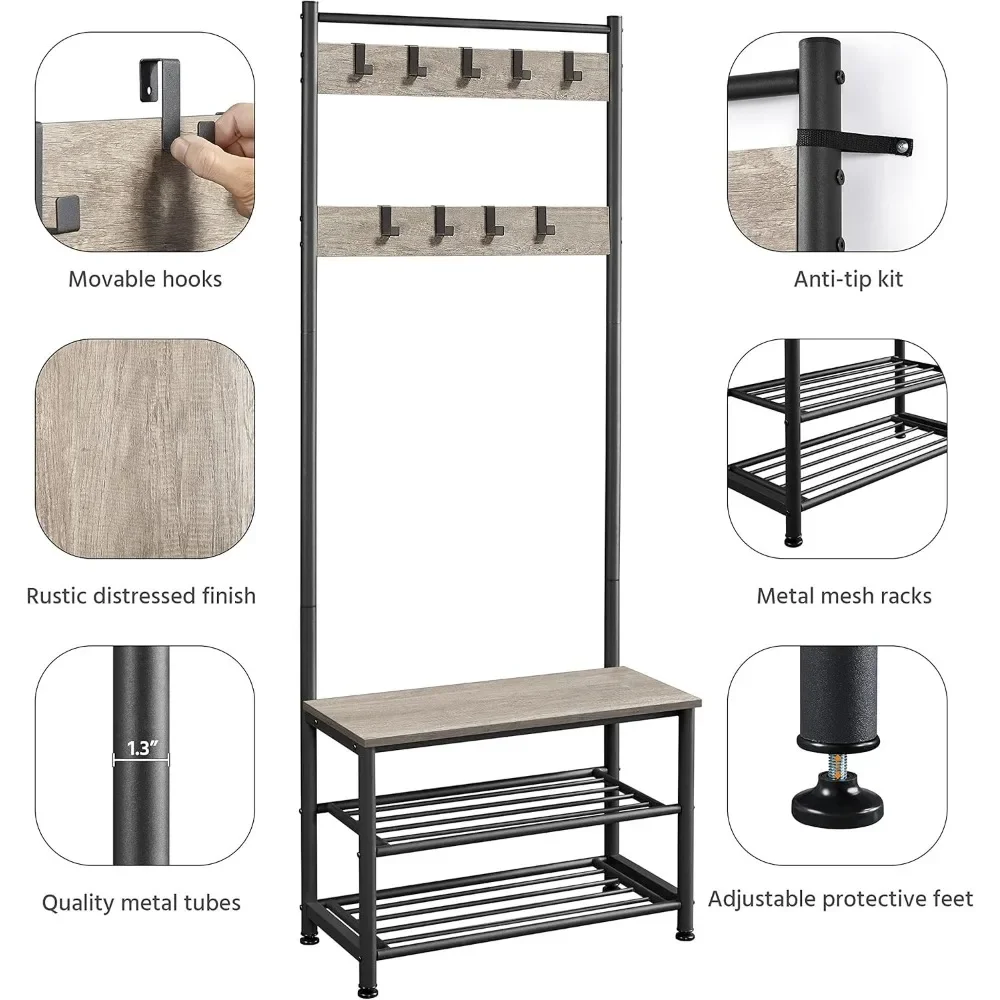 3-In-1 Hall Tree Coat Rack with Shoe Storage Bench,Coat Rack Shoe Bench with 9 Movable Hooks,with Metal Frame,Easy Assembly,Gray