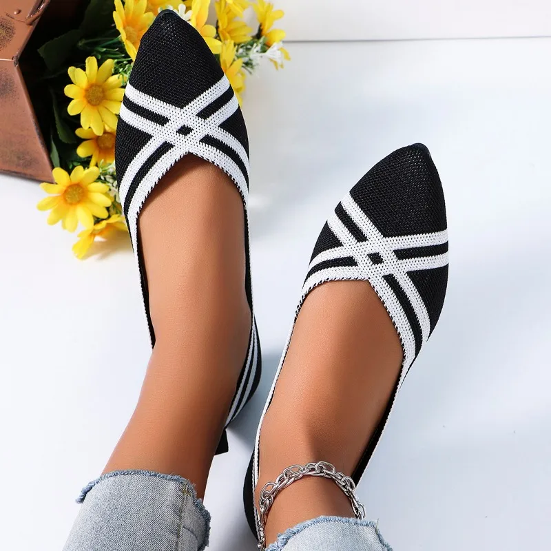 Autumn Women Casual Shoes for Woman Slip-on Pump Knit Single Flat Shoes Breathable Pointed Head Ladies Cloth Loafers Size 43 6
