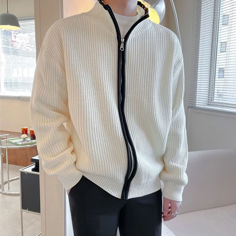 2024 Winter Men's Luxury Knitted Zipper Cardigan Sweater Stand Collar Solid Color Long Sleeve Casual Streetwear Loose Coat