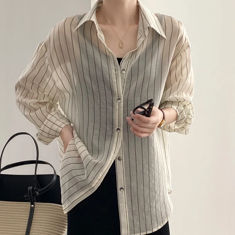 Spring Autumn New POLO Collar Fashion Long Sleeve Shirt Women High Street Casual Loose Button Cardigan Striped Hollow Out Tops