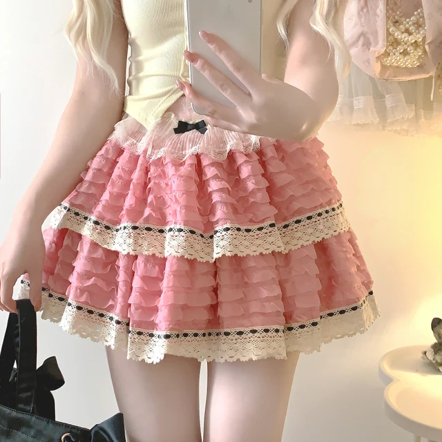 Lace Lolita Skirt / Pink JennyFaxミキオサカベ Modern Lovely Pink Pleated Lady's Lolita Lace Jumper Skirt