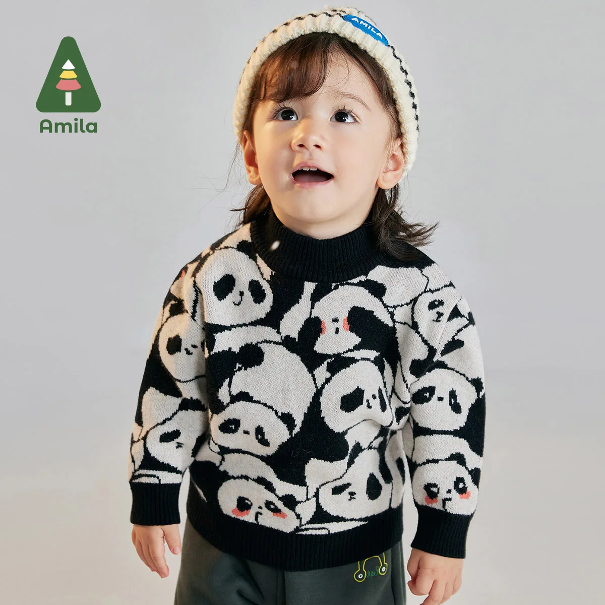 

Amila Baby Children Sweaters 2023 Winter New Multicolour Mock turtleneck Soft Cartoon Pattern Panda Pattern Cute Baby Clothing