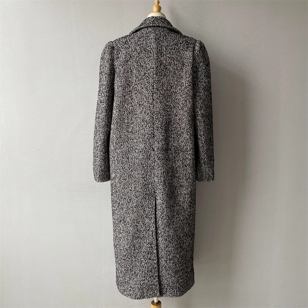 Striped wool coat back view showing elegant silhouette