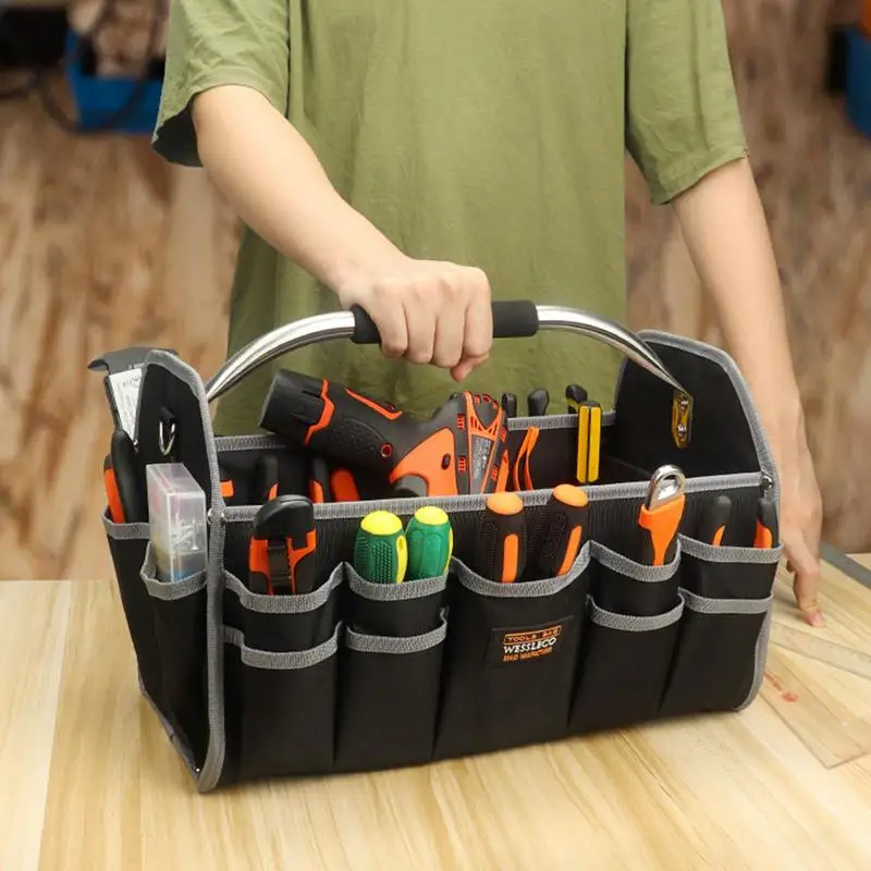 Open Top Tool Tote Bag Foldable Electrical Tool Bag Water-Resistant with Adjustable Shoulder Strap Reinforced Storage Pouch