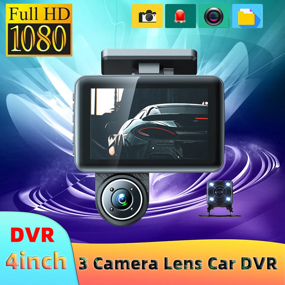 

1080P Dash Cam with WiFi Front Inside Rear 3 Camera 4" Car Video Recording Wide Angle Night Vision G-Sensor 24H Parking Monitor