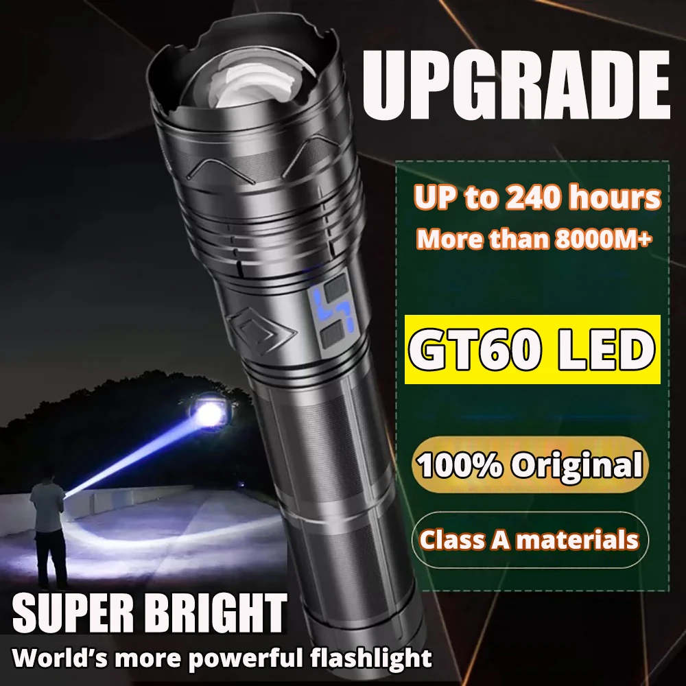 Worde’s Brightest LED Flashlight Spotlight Long Range 10000m Zoomable Emergency Torch Outdoor Flashlight Power Display 32000MAH