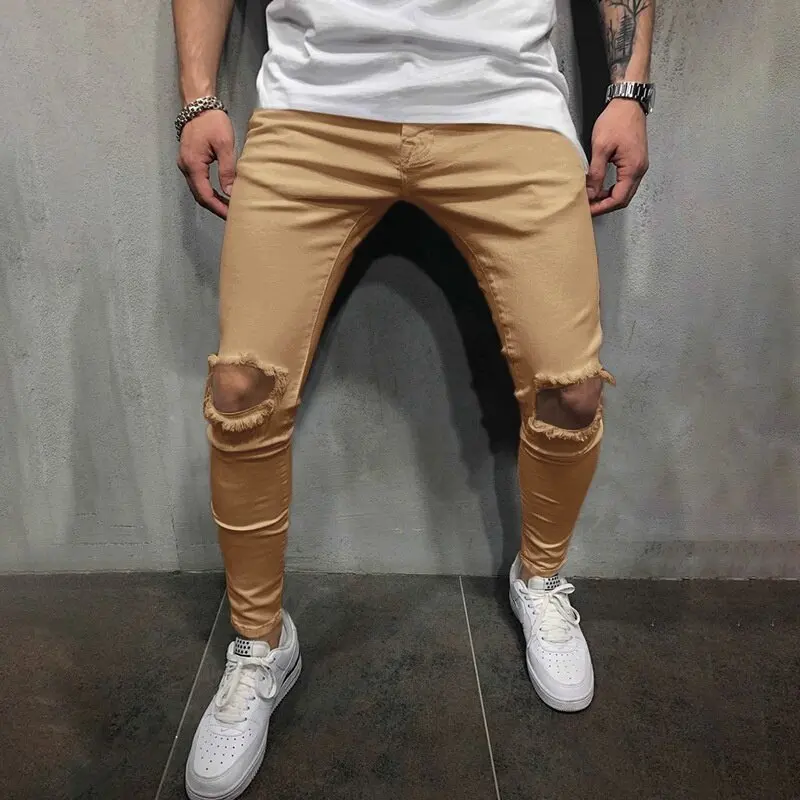 Men Ripped Jeans Spring Summer Autumn Fashion Casual Hole Slim Fit Skinny Stretch Long Denim Pants Streetwear
