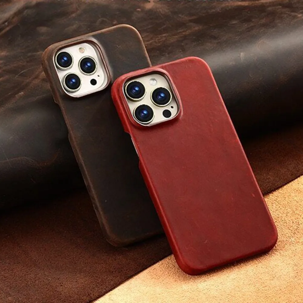 Vintage Matte Crazy Horse Phone Case for iPhone 14 Pro Max 13 12 Luxury Business Retro Genuine PULL-UP Leather Armor Back Cover