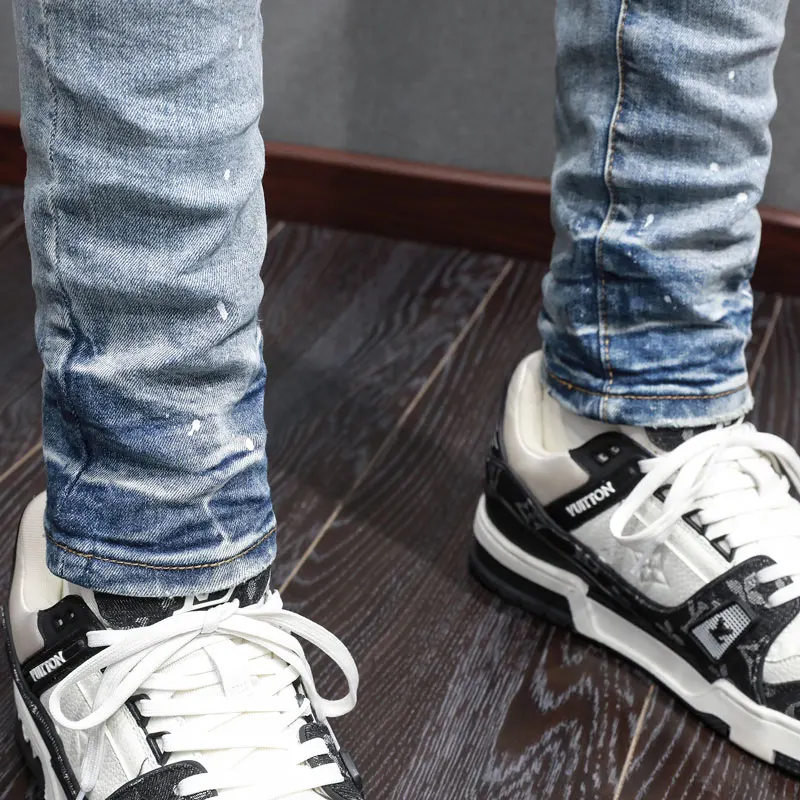 High Street Fashion Men Jeans Retro Light Blue Stretch Skinny Fit Hole Ripped Jeans Men Painted Designer Hip Hop Brand Pants