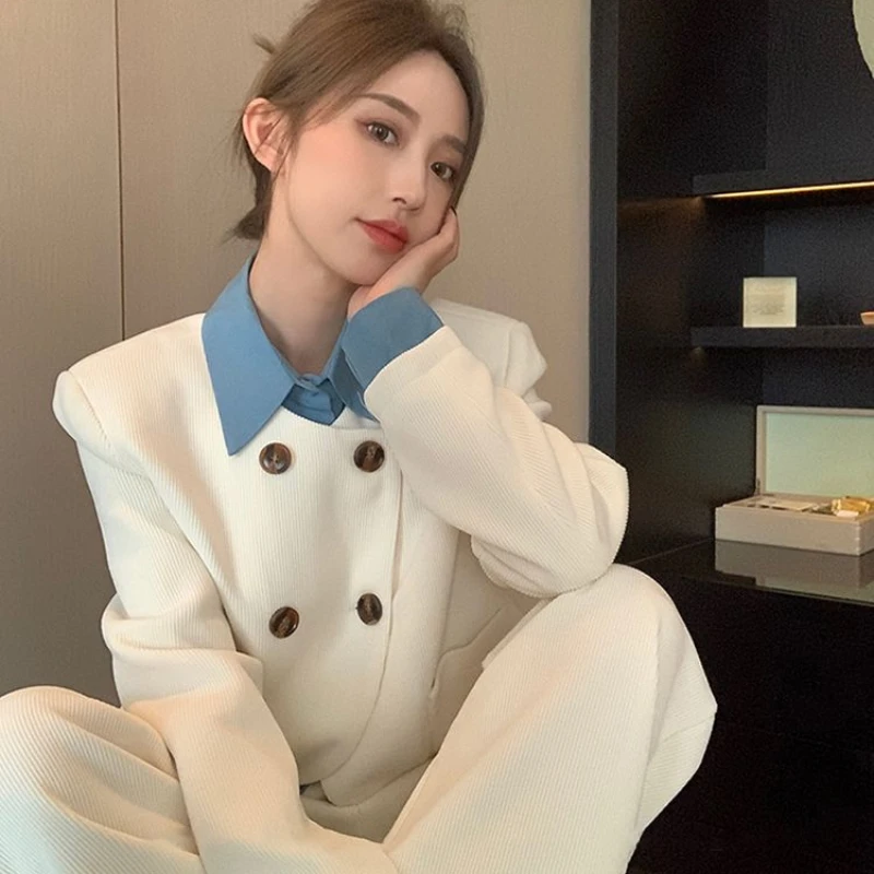 

Woman's Autumn Retro Leisure Vacation Fake Contrast Blazer Wide-leg Pants Set Shirt Splicing Suit Jacket Trousers Two-piece Set