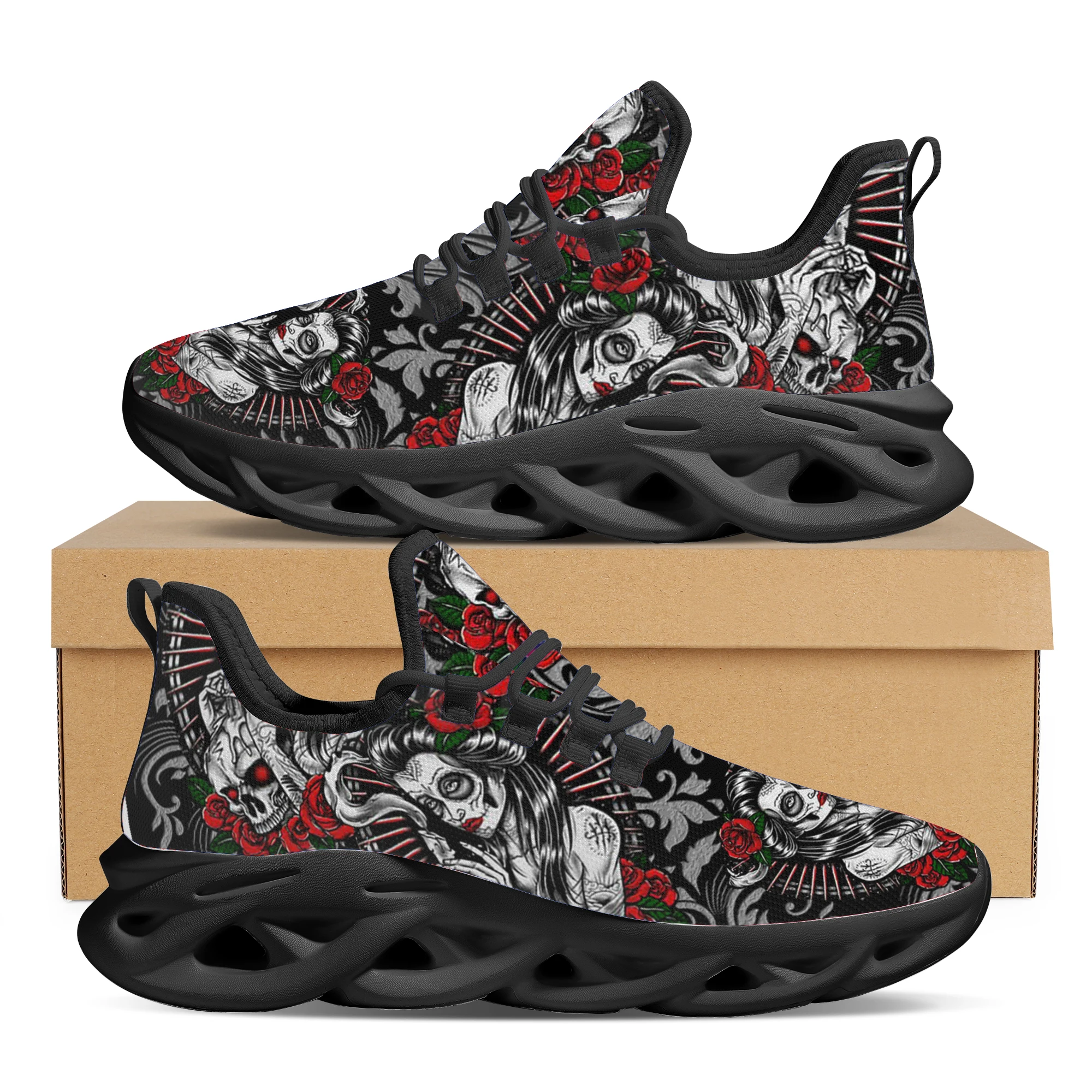INSTANTARTS New Black Chunky Sneakers Vintage Day of The Dead Sugar Skull Girl Casual Vulcanized Shoes Woman Platform Sneakers