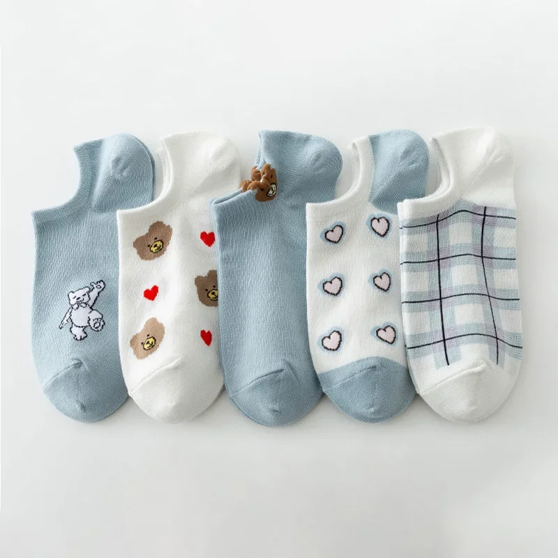 

5 Pairs Set Socks Women Flower Ankle Cartoon Cute Low Cut Cartoon Floral Invisible Short Sock Summer Spring Soft Breathable Thin
